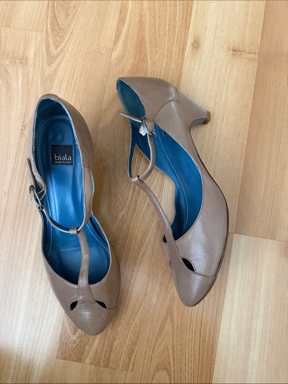 Biala Taupe T-Strap Pointed Toe Heels